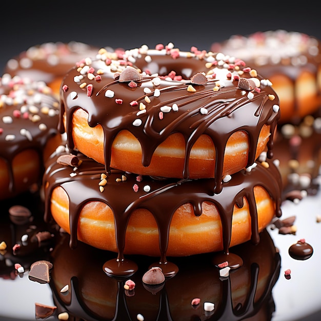 image of a chocolate donut with pieces of chocolate ultra realistic image with a white background