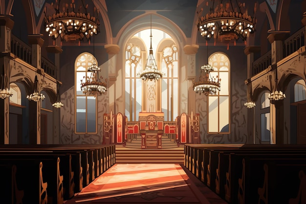 キリスト教の教会の静かなインテリアの画像で,ステンドグラス窓と十字架がAIで生成されています.