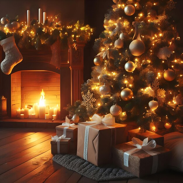 Image of Christmas Tree Near the Fireplace with Lights and Gift Boxes