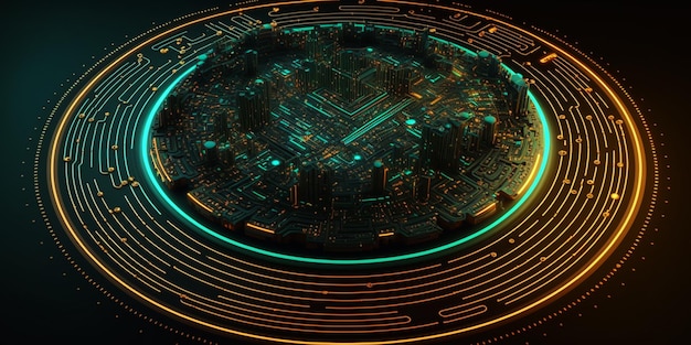 An image of a circuit board with neon green lights.