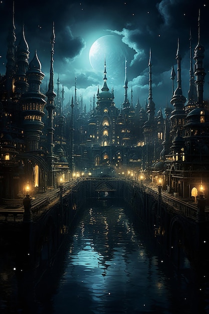 An image of a city in the dark in the style of dark cyan and light bronze gothic steampunk
