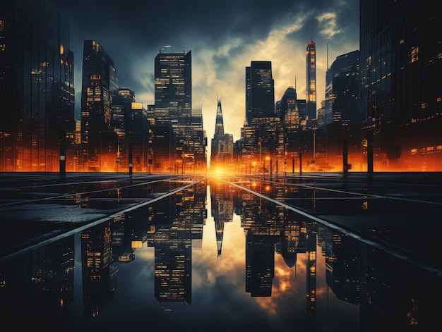 an image of a city at night with the sun in the background