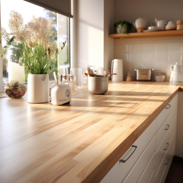 an image of a clean kitchen with a wooden counter