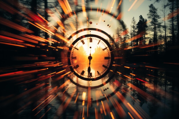 an image of a clock in the middle of a forest