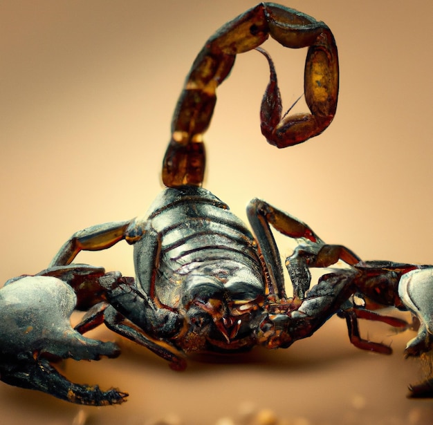 Image of close up of black scorpion on brown background