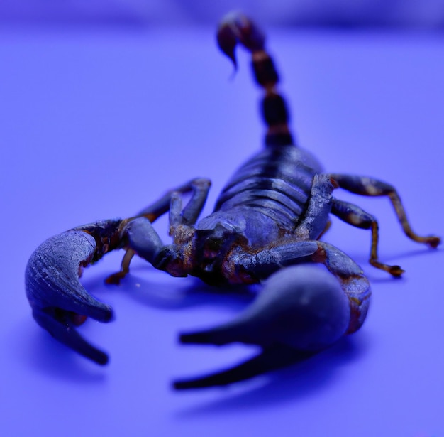 Image of close up of black scorpion on purple background