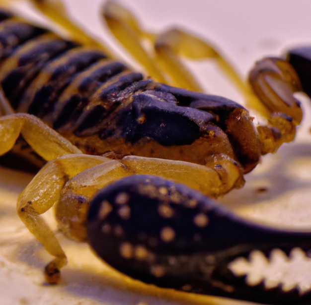 Image of close up of black scorpion on purple background