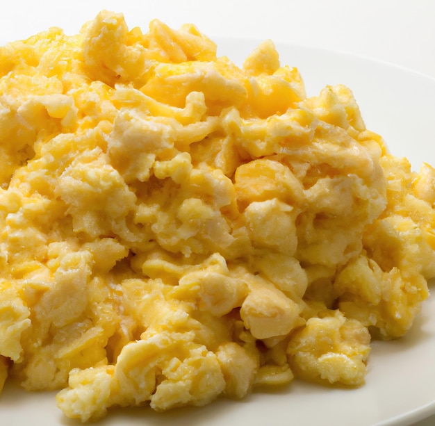 Image of close up of fresh scrambled eggs on white plate