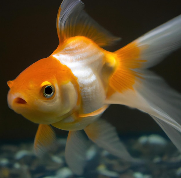 Image of close up of gold fish swimming in tank on dark background