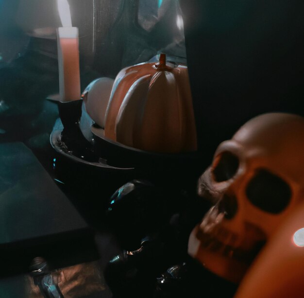 Image of close up of halloween decoration with skull pumpkin and candle