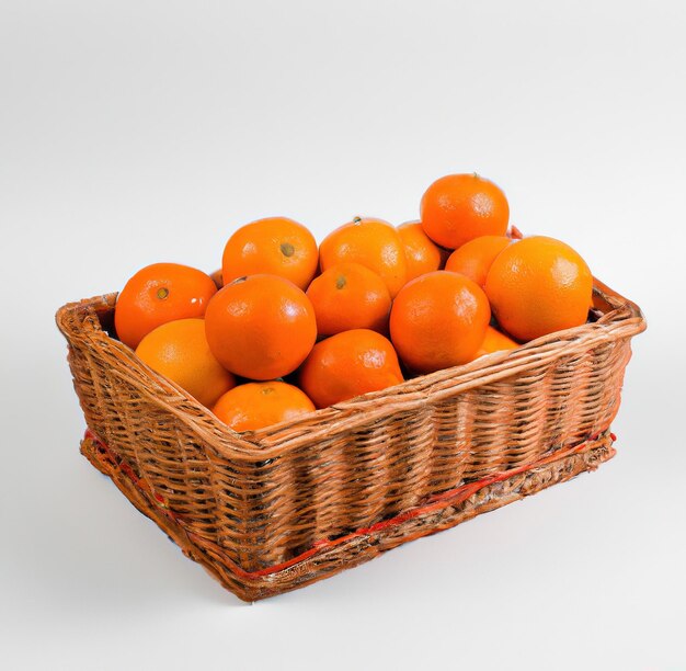 Image of close up of heap of oranges in traditional wicker basket on white background