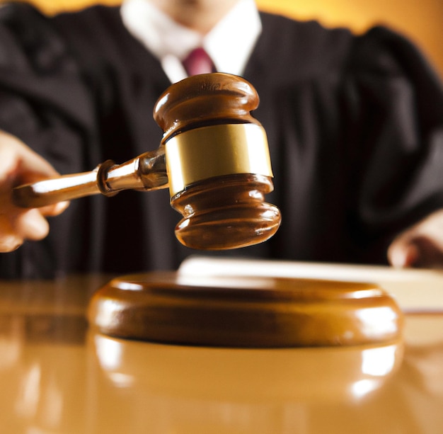 Image of close up of judge holding slamming gavel on brown background