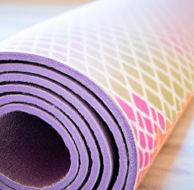 Изображение крупным планом фиолетового коврика для йоги с рисунком