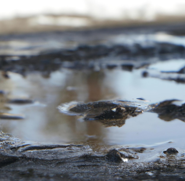 反射と泥の囲みのある雨水たまりのクローズアップの画像
