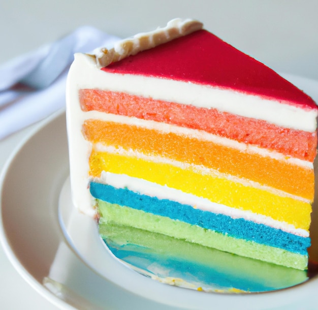 プレート上に複数の色のレイヤーがあるレインボー ケーキのクローズ アップの画像