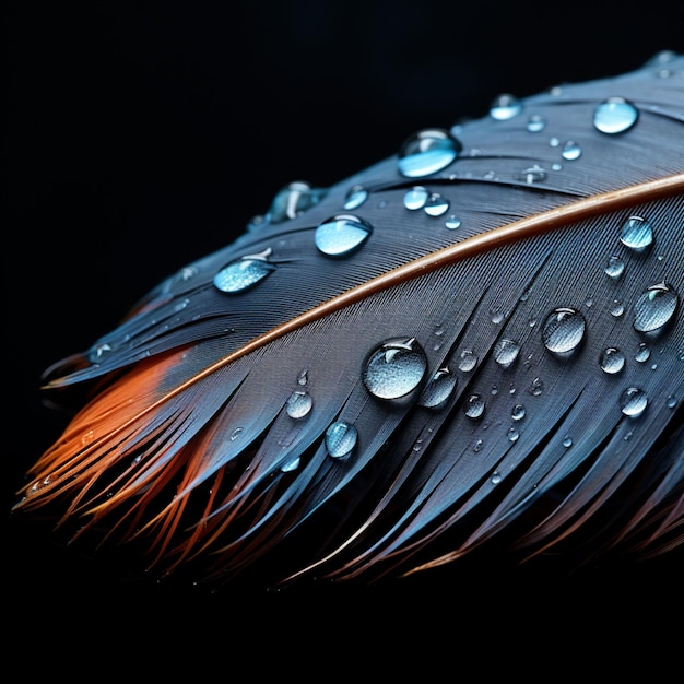 Foto immagine ravvicinata di una splendida piuma con gocce d'acqua su nero per i social media