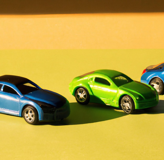 Image of close up of three car models on yellow background