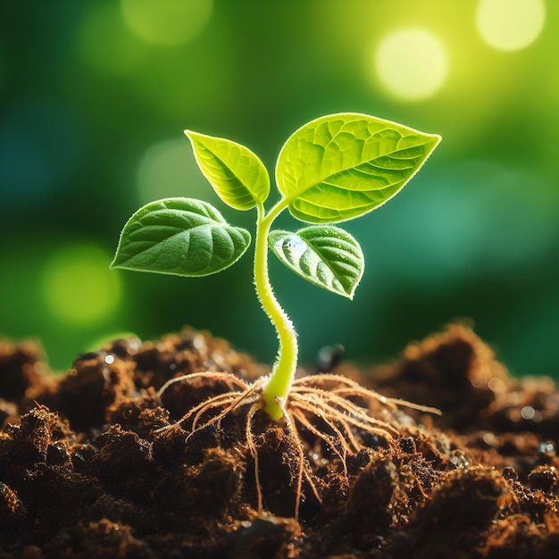 Image of Close up Young Plant Growing over Green Background Sunshine