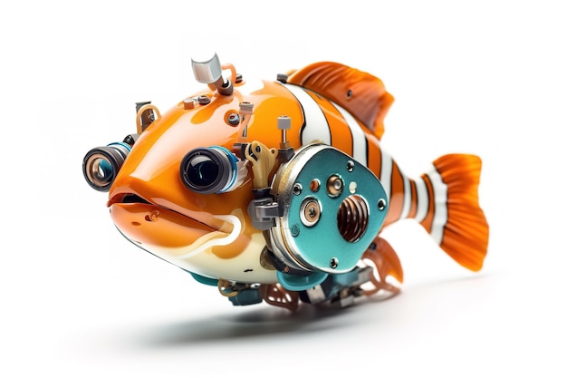 Image of a clown fish modified into a electronics robot on a white background Sea animals illustration generative AI