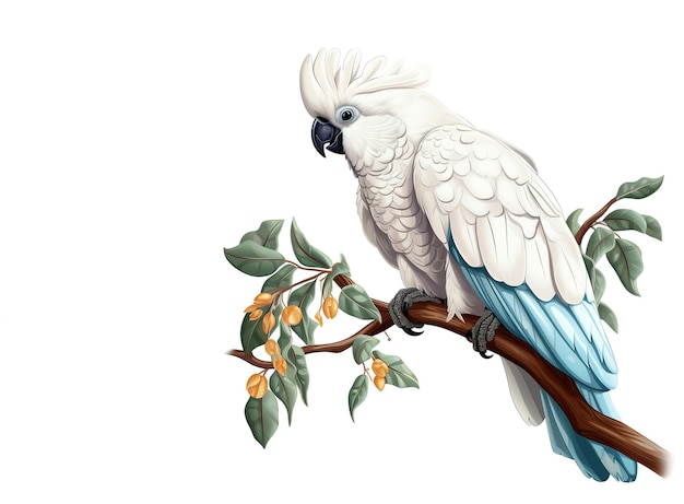 Photo image of cockatoo on a branch on a white background birds animals illustration generative ai