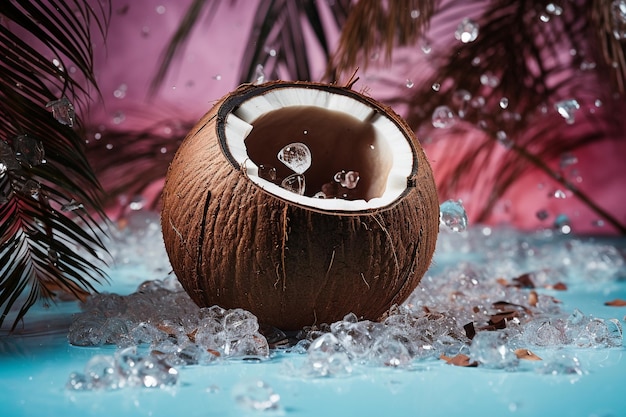 Foto un'immagine di un guscio di noce di cocco con acqua spruzzata nello stile di vaporwave