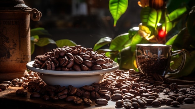 Image of coffee beans on the table chaos 20 ar 169 Job ID fe225d603b0e483bb62b793db793f274