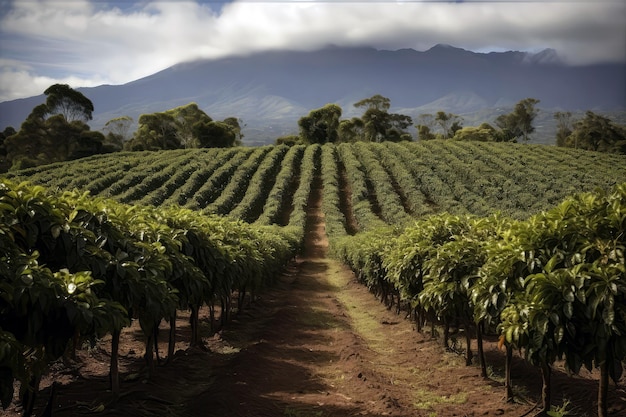Photo image of coffee farm with rows of coffee plants in the foreground and mountain range in the background generative ai