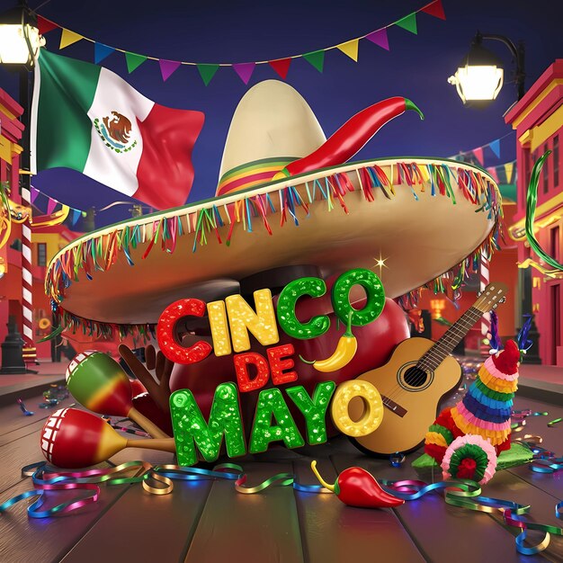 Image of colorful 3d Cinco de Mayo illustration and ornaments