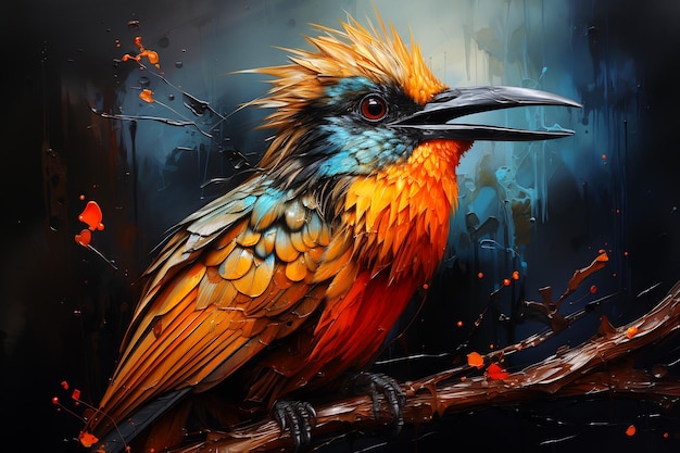 Image of colorful bird sitting on tree branch Generative AI