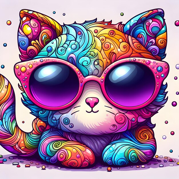 太陽眼鏡をかぶったカラフルで可愛いファンタジー猫の画像