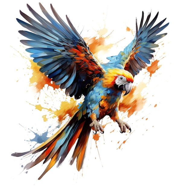 Image of colorful flying parrot painting on white background Bird Wildlife Animals Illustration Generative AI