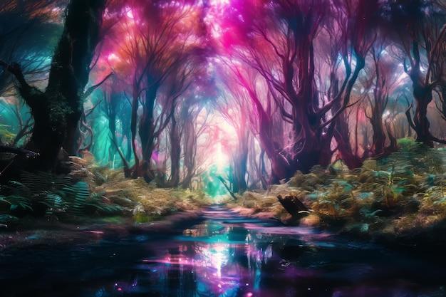 an image of a colorful forest with a stream running through it