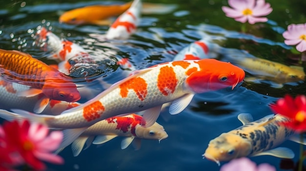 An image of colorful koi fish swimming gracefully in a traditional garden pond symbolizing luck and