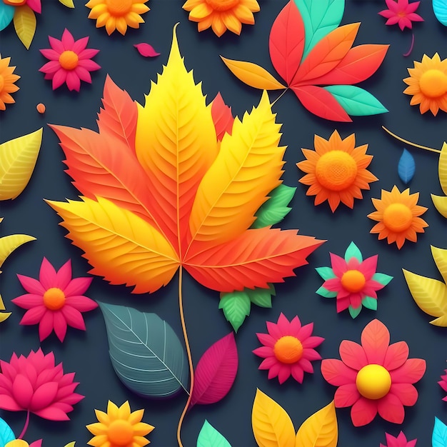 Image of a colorful seamless floral and leaves pattern