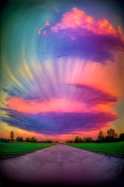 An Image Of A Colorful Sky Over A Road