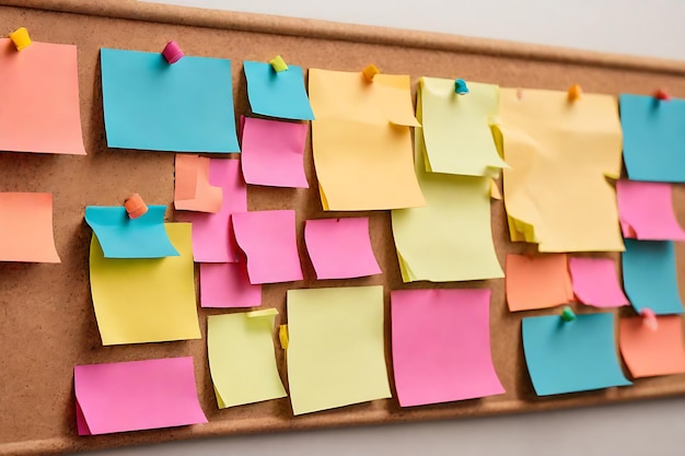 Photo image of colorful sticky notes on cork bulletin board