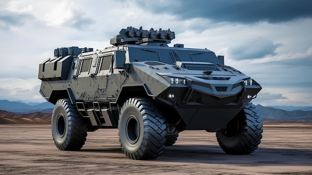 The image of a combat vehicle with supporting weapons ready for attack