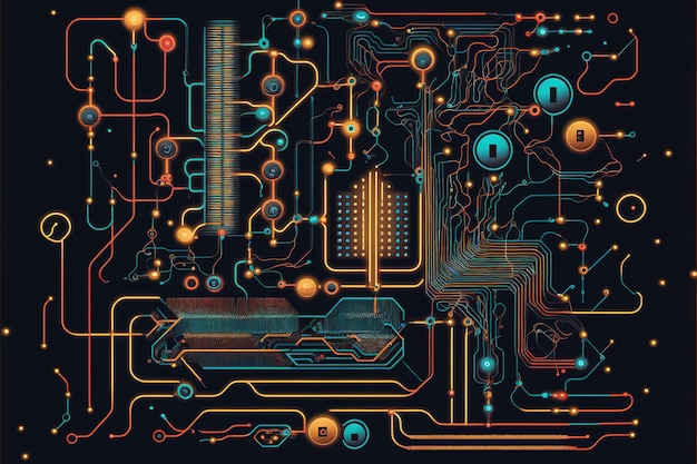 Image of computer circuit board and colourful light trails on dark background