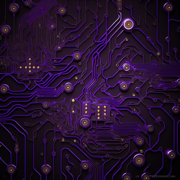 Image of computer circuit board and purple light trails on dark background