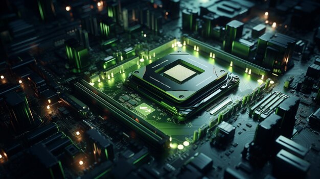 Image of a computer with a green CPU under the dark Ai generated art