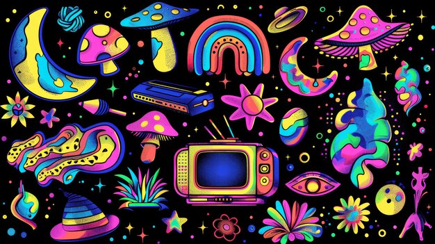Изображение состоит из абстрактных пятнов с грибами цветами НЛО ртами телевизором и геймбоем в стиле ретро-кислотной психоделической наклейки