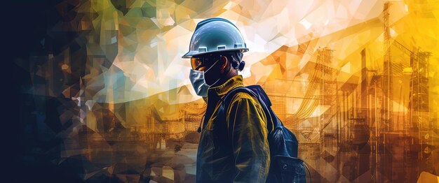 image of a construction site worker in hard hat in the style of spatial concept art