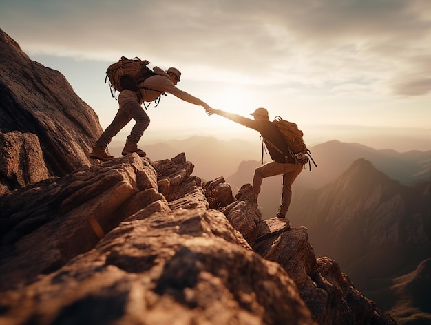 Image of cooperative teamwork two people climbing the summit