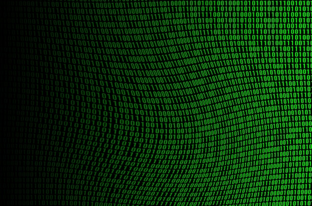 an image of a corrupted and distorted binary code made up of a set of green digits on a black background