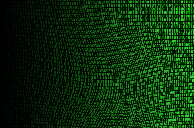 An image of a corrupted and distorted binary code made up of a set of green digits on a black background