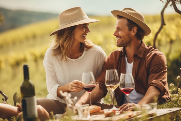 Image of a couple enjoying a picnic with wine Generative AI