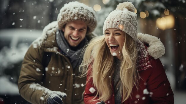 An image of a couple playfully engaging in a snowball fight evoking a sense of lightheartedness and