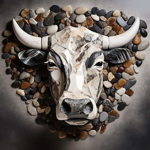 Image of a cow face made with various stones gathered together Farm animals Illustration Generative AI