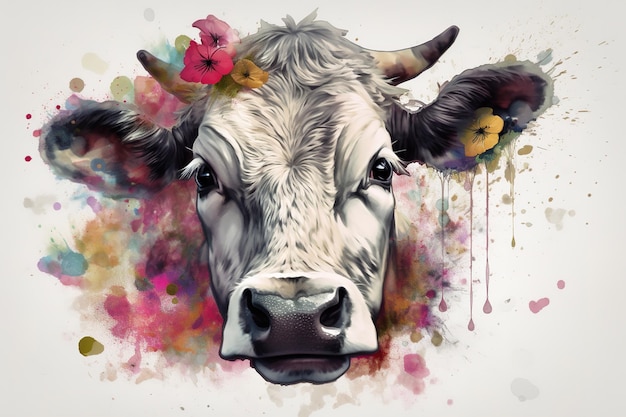 Image of a cow face surrounded by colorful tropical flowers Farm animals Illustration Generative AI