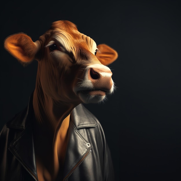 Image of cow wearing leather jacket on clean background Fashion Farm Animals Generative AI Illustration